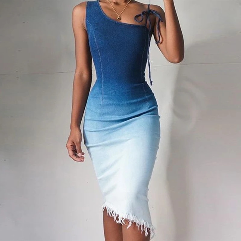 

2021 Summer Sexy Collar Denim Women Dress Tie-dye Printed Patchwork Irregular Sleeveless Tassel Dress Lady Beach Dress Vestidos