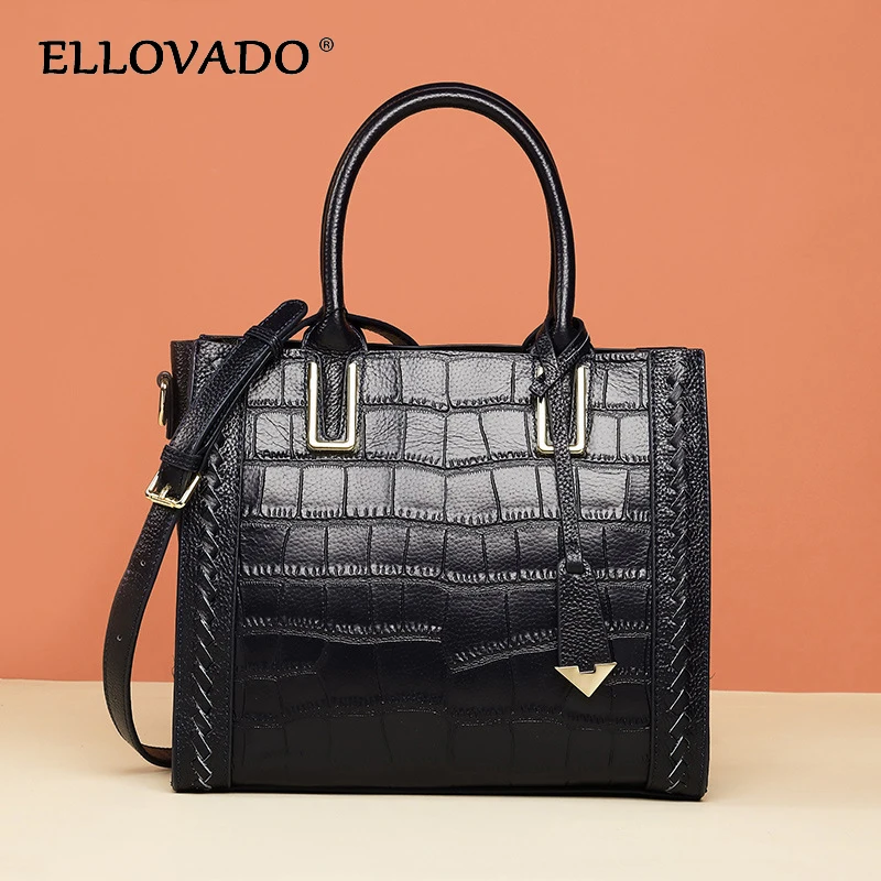 Ellovado Women Totes Bags Genuine Leather Bag Lady Fashion Casual Handbags Female Shoulder Bag Large Capacity Crossbody Bags