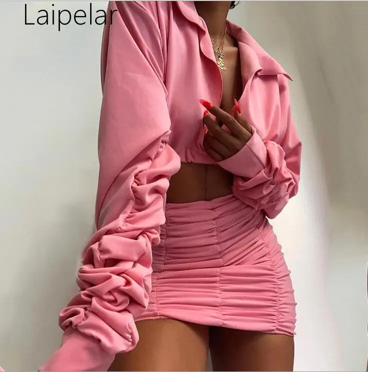 

Laipelar Sexy Two Pieces Set Dress Women Long Sleeve Turn Down Collor Cropped Elastic Party Dress Pleated Autumn Winter Dress