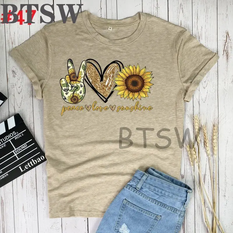

Graphic Peace Love Sunshine Tshirt Women Short Sleeve Fashion T-shirt Crew Neck Fitted Soft Cotton Multi Color Tee Shirt Clothes