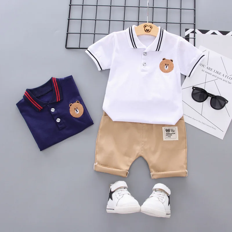 

Korean Embroidered Bear Children's Summer Short Sleeve Shorts Set