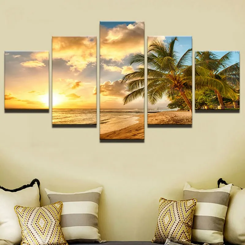 

5 шт., настенные постеры с изображением деревьев, морского заката, пейзажа