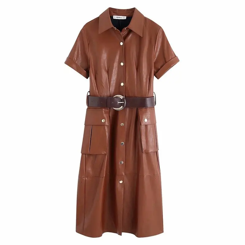 Bb80 9859 женское стильное платье миди из искусственной кожи с поясом и карманами