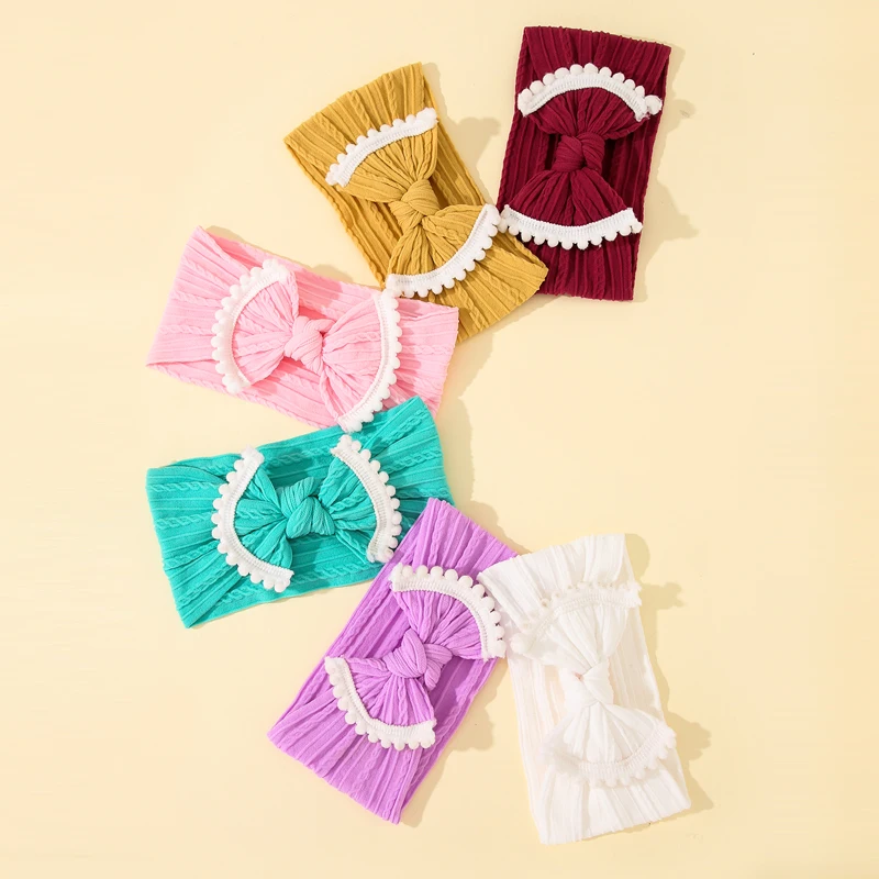 

6Pcs Cute Pompom Nylon Bow Headbands Cable Knit Solid Wide Nylon Headbands Turban Baby Girls Head Wrap Hair Accessories