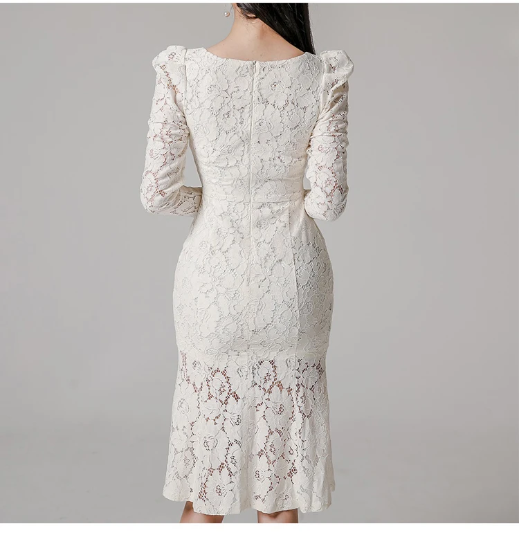 

2020 Winter Korea Slim Knee-Length Fishtail Vestidos Bodycon Puff Long Sleeved Full Lace White Party Dresses