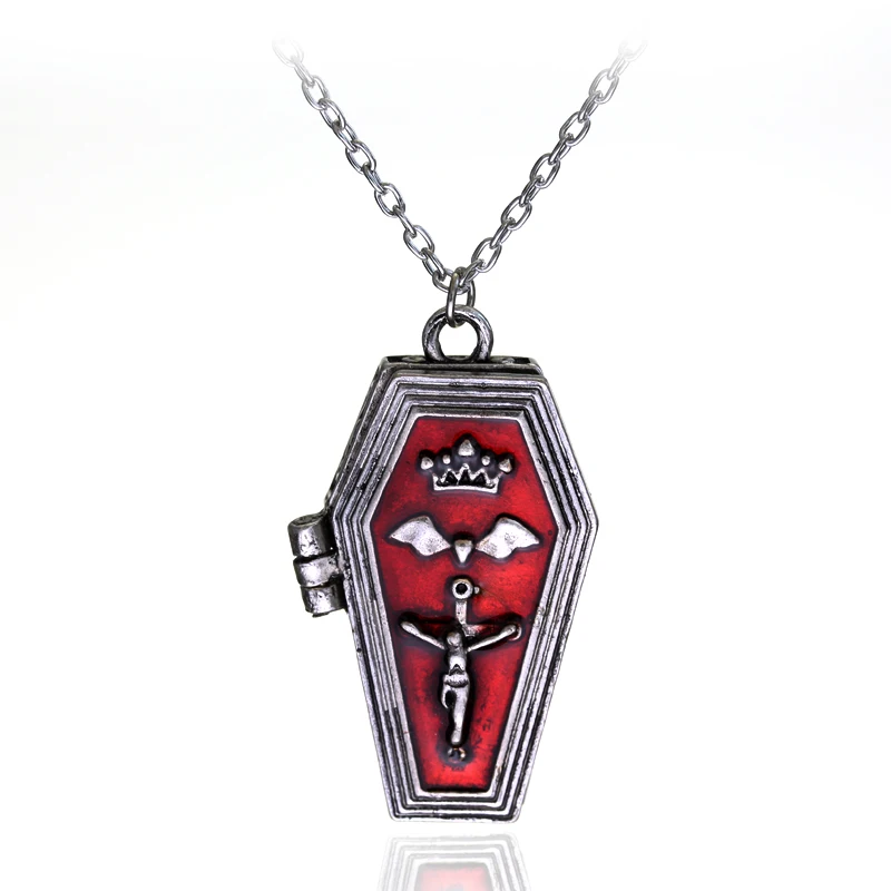 

Gothic Red Enameled Vampire Necklace Hallowee Open Box Coffin Casket Vintage Punk Cool Vampire Jesus Coffin Pendant Necklace
