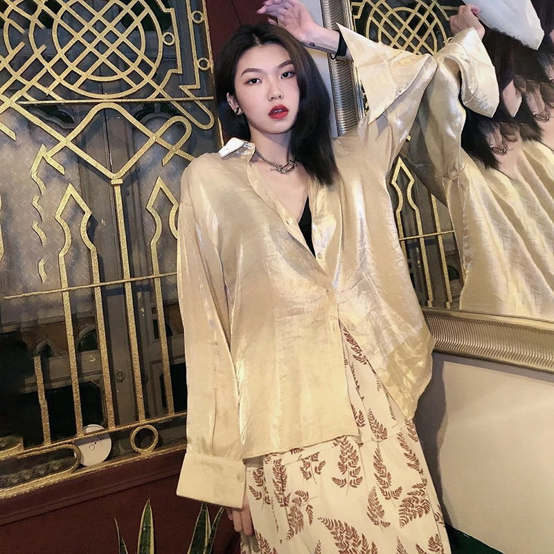 

SHENGPALAE temperament blouse women's spring 2021 new lapel large size single breasted long sleeve Glossiness shirt female 5C123