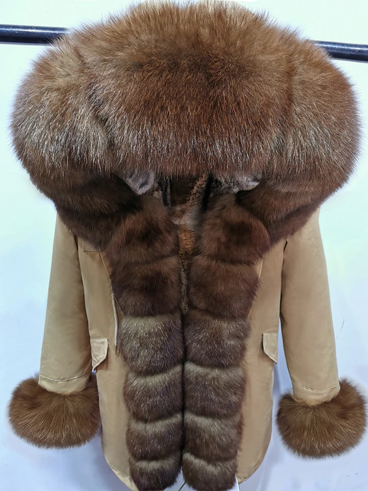 

Fashion winter coat, real natural rabbit fur lining, raccoon fur collar warm leather coat, women's parkas coat, thick and warm