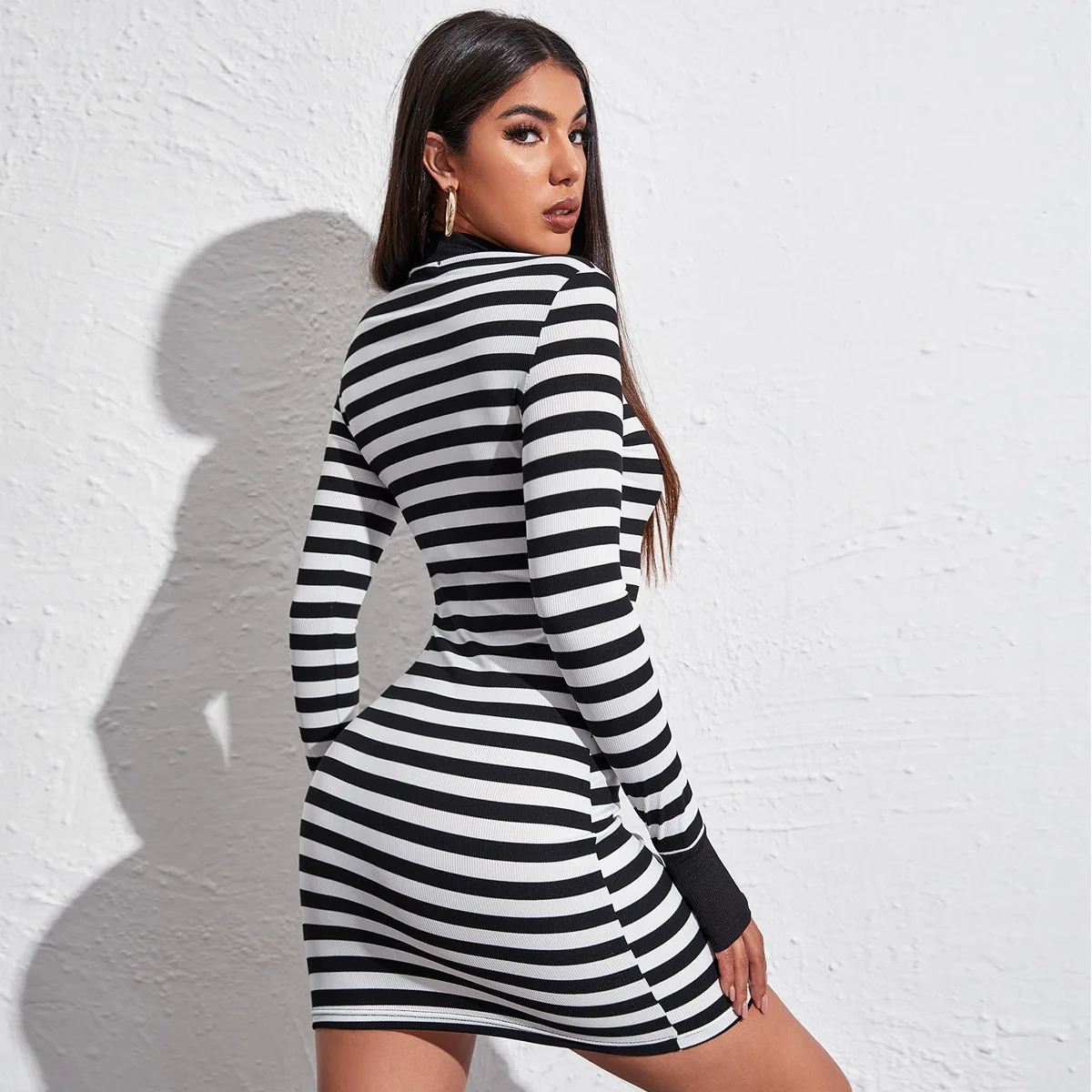 Women Black White Striped Dress Sexy Long Sleeve Slim Bodycon Dresses  Female 2021 Autumn Winter Elegant Half High Collar Dress - купить по  выгодной цене | AliExpress