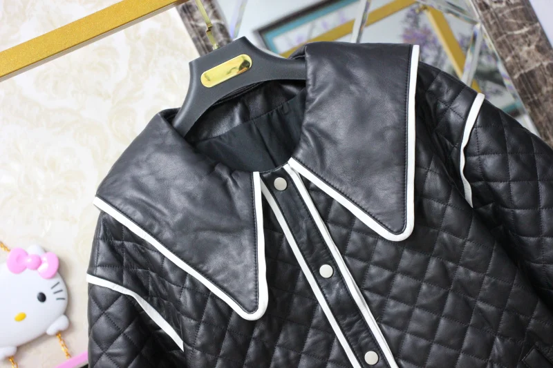 Winter Korean Style Women's High Quality Sheepskin Genuine Leather Peter Pan Collar Jackets Coat C740