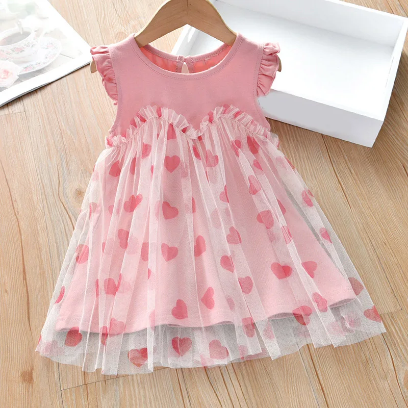 Купи Dresses For Girl 2022 Summer Heart-Shaped Pattern Princess Dress Fluffy Mesh Dress Kids Clothing Girls Clothes Children Dresses за 655 рублей в магазине AliExpress