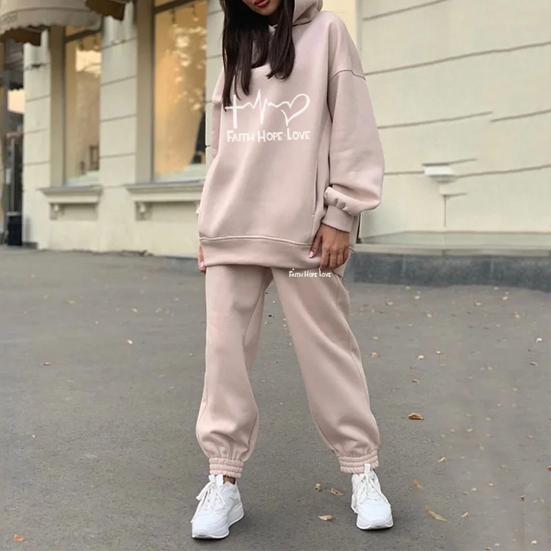 

Hoodie Oversized Heart Print Women Tracksuit Set Woman Casual Two Piece Sets Pants And Sweatshirt 2021 Winter Autumn Streetwear