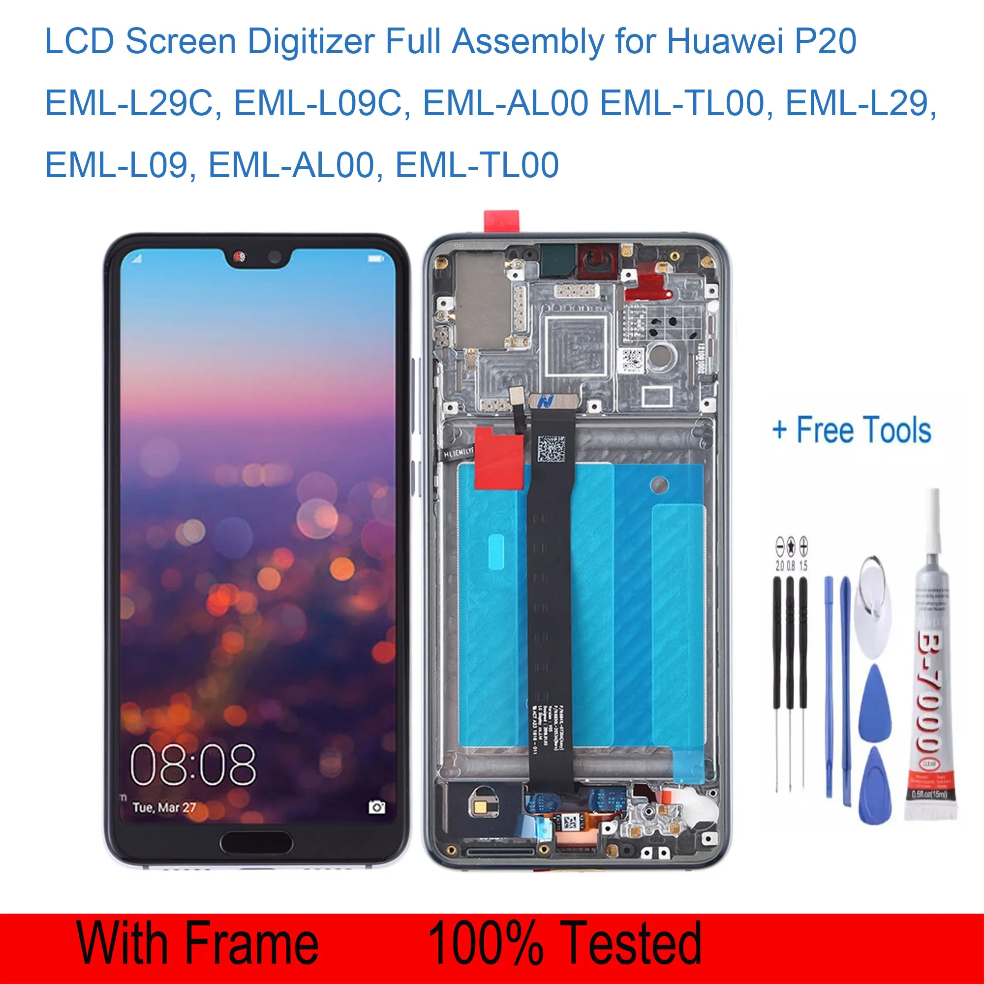 

LCD Display Touch Screen Digitizer, Full Assembly for Huawei P20, Free Tools