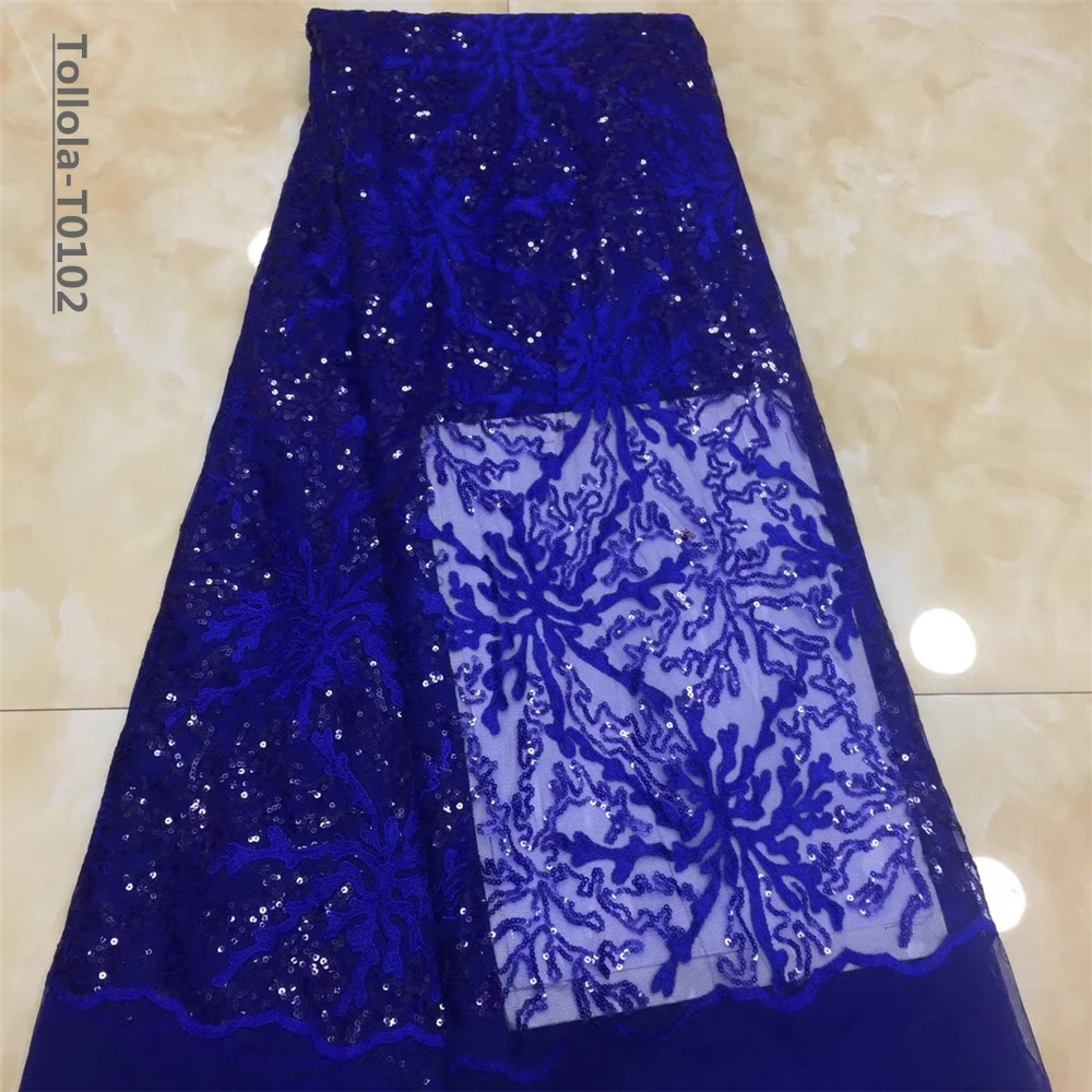 2019 high quality French Nigerian sequins net lace African tulle mesh sequence fabric for party dress 5yards/lot Royal Blue | Дом и сад