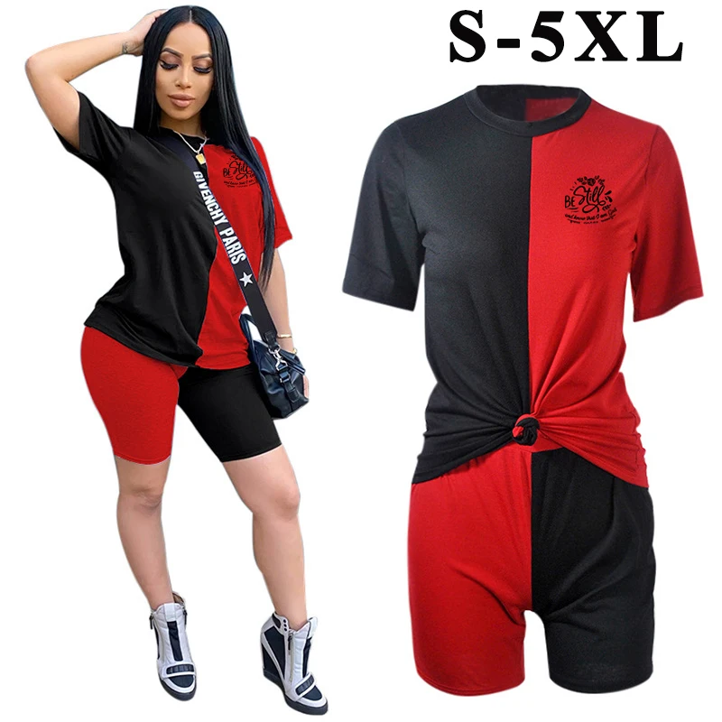 

Летний женский комплект из футболки и шортов, Тонкий Повседневный женский спортивный костюм контрастной расцветки с короткими рукавами и н...