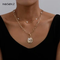 ingesight z 2pcsset multi layered boho imitation pearl choker necklace collar punk carved coin lasso pendant necklaces jewelry