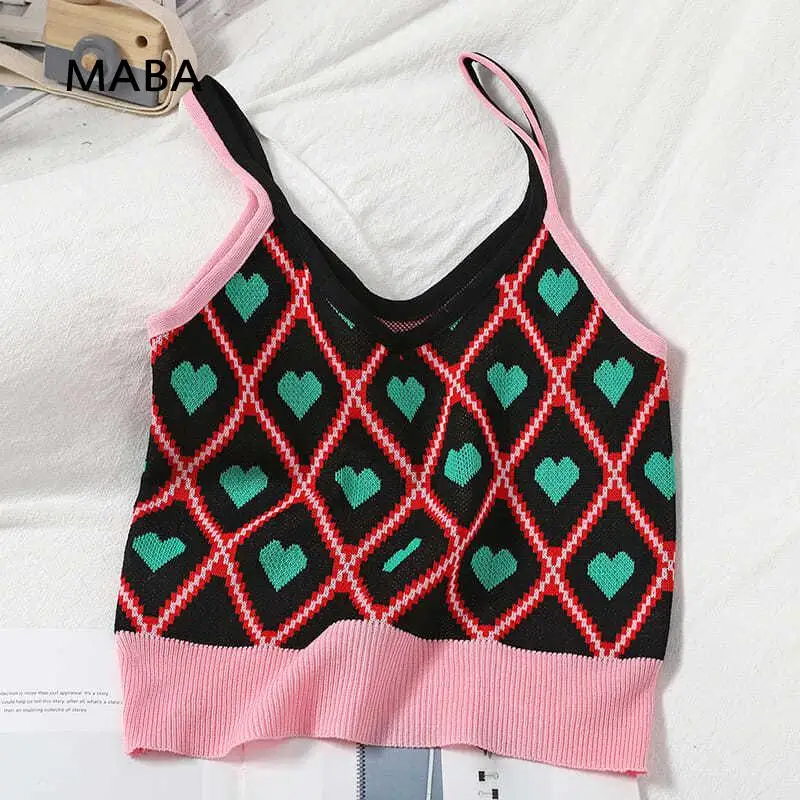 

Women 2021 Summer Sweet Heart Tops Knitted Crop Tops Women Geometric Camis Cute Crop Tops Women Cloth