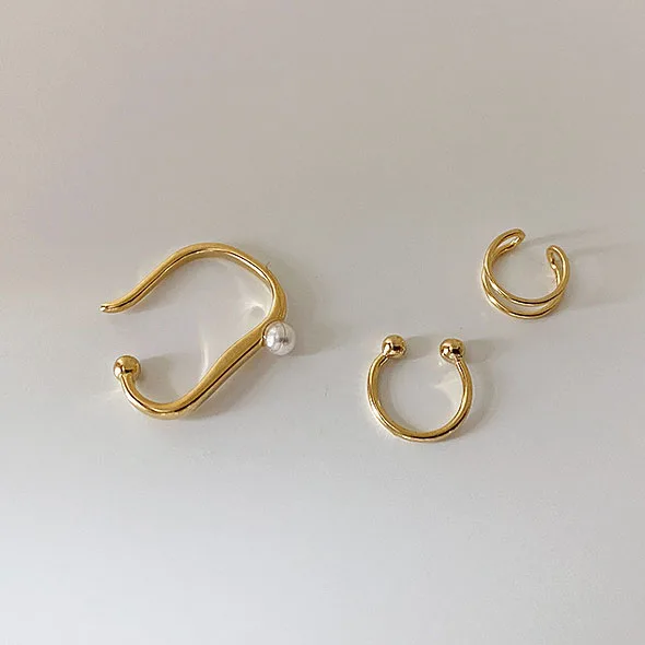 

No Piercing Geometric Round Hook Pearl Silver Color Gold 3 Pieces Set Of Clip On Earrings For Women Korean Charms Ear Jewelry