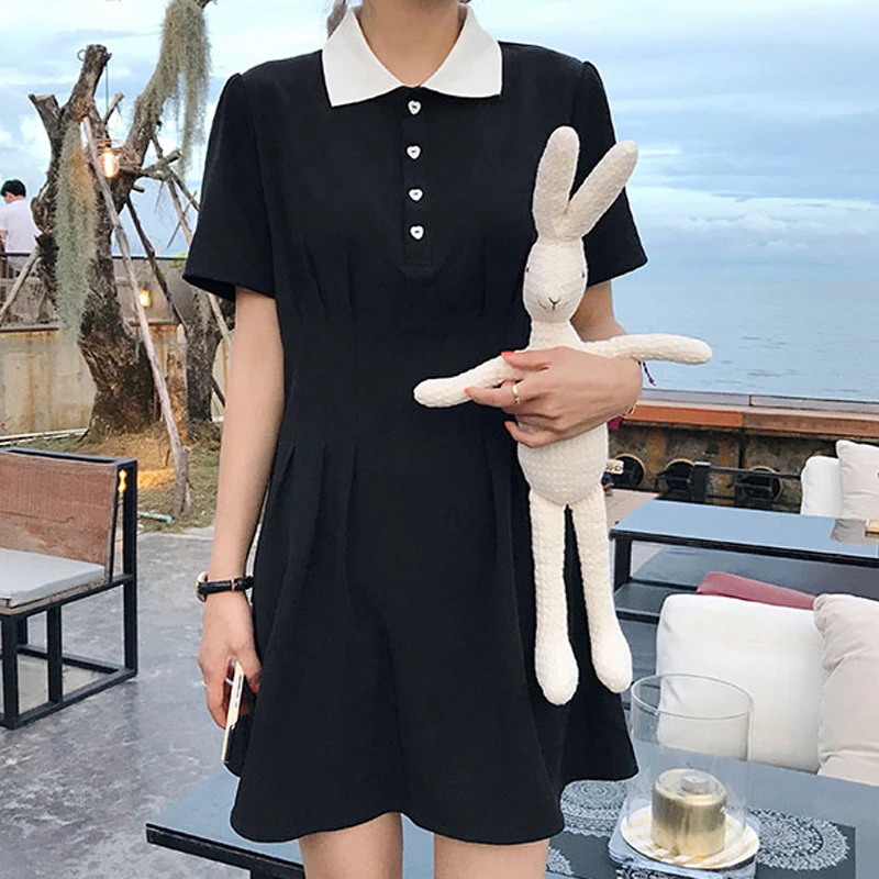 

Alien Kitty 2021 Dress Female Design Sense Summer French Turn-Down Collar Maiden Temperament Skirt High Waist Thin Black Dresses