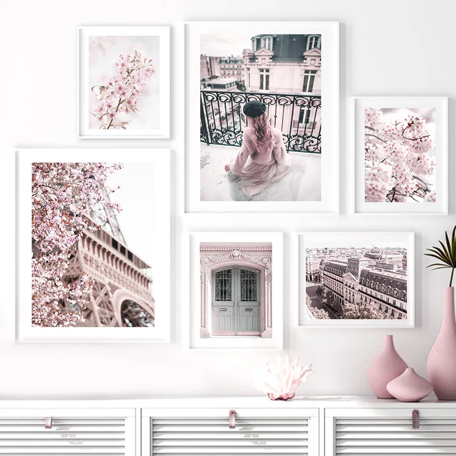 

Cherry Blossoms Flowers Tower Door Girl Nordic Posters And Prints Wall Art Canvas Painting Wall Pictures For Living Room Decor