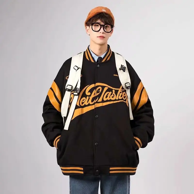 

Мужская и женская повседневная куртка на пуговицах с буквенным принтом, свободные топы с длинным рукавом и воротником-стойкой для весны и о...