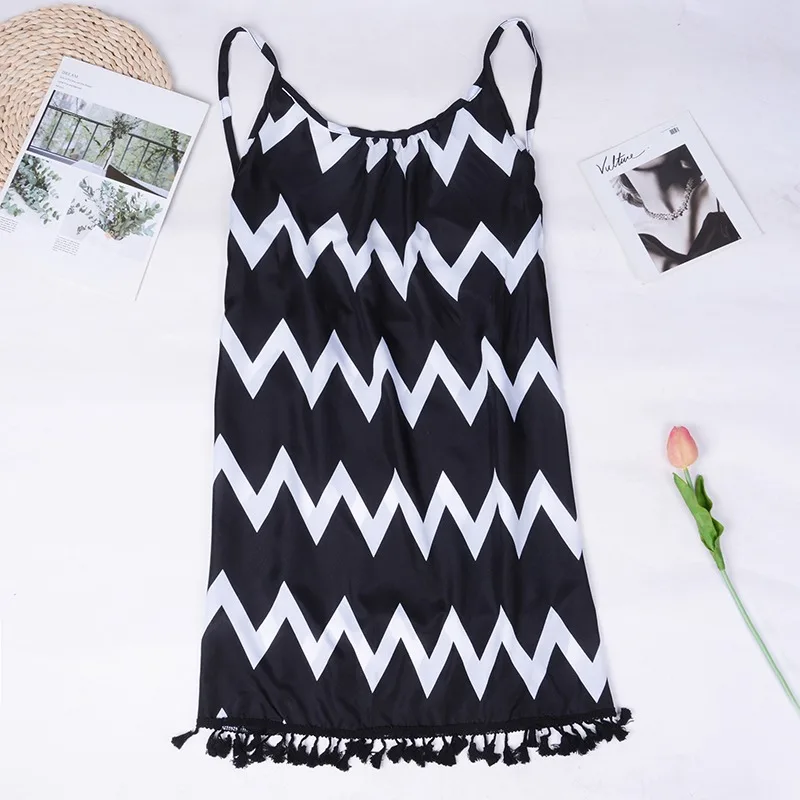 

Women Sexy Dress Summer Wave Pattern Striped Holiday Dress 2021 Summer New Arrival Tassel Strap Sleeveless Mini Beach Dresses