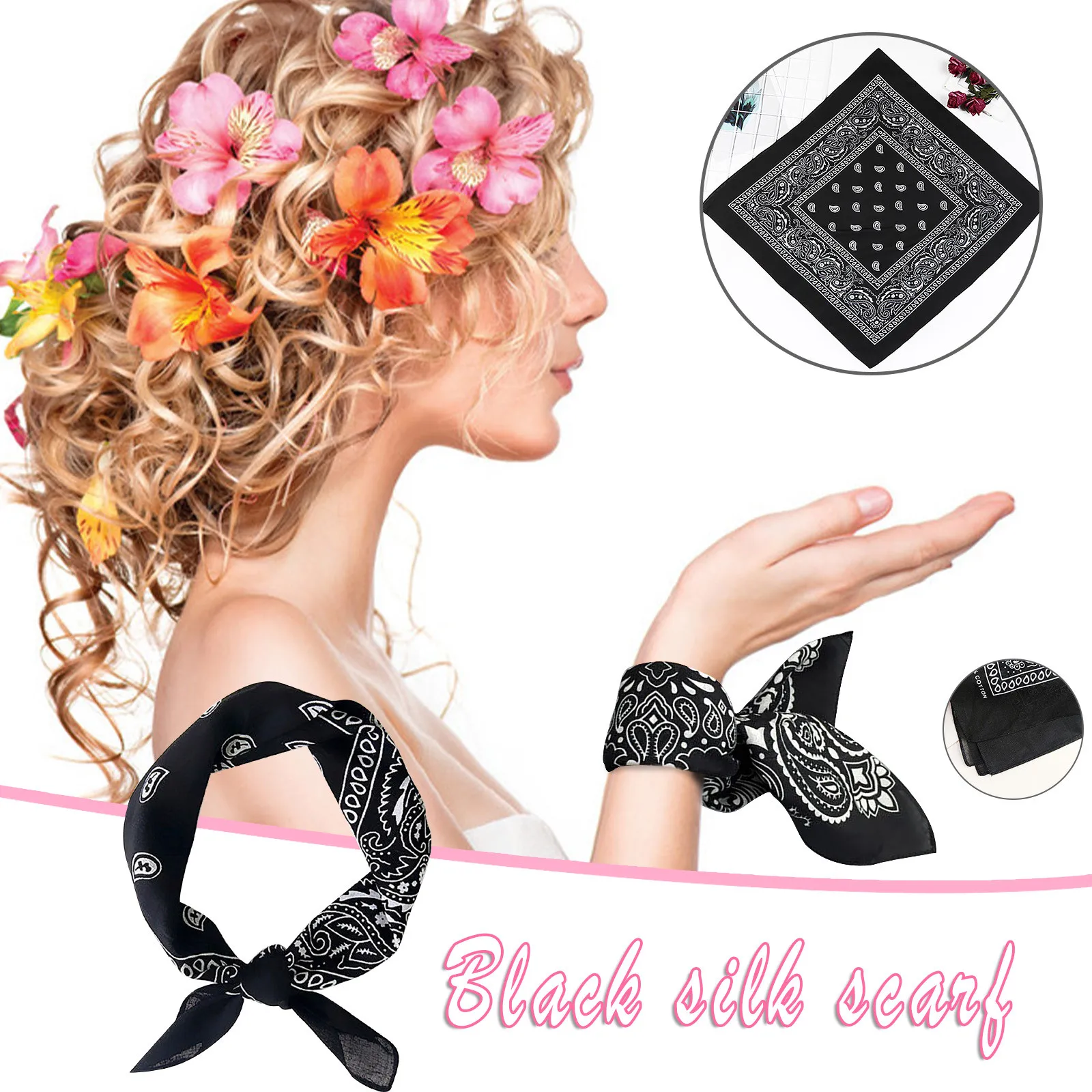 

18PC Bandanas Men And Women Turban Small Satin Square Black Vintage Print Fashion Soft Durable Head Scarf Bundle A30