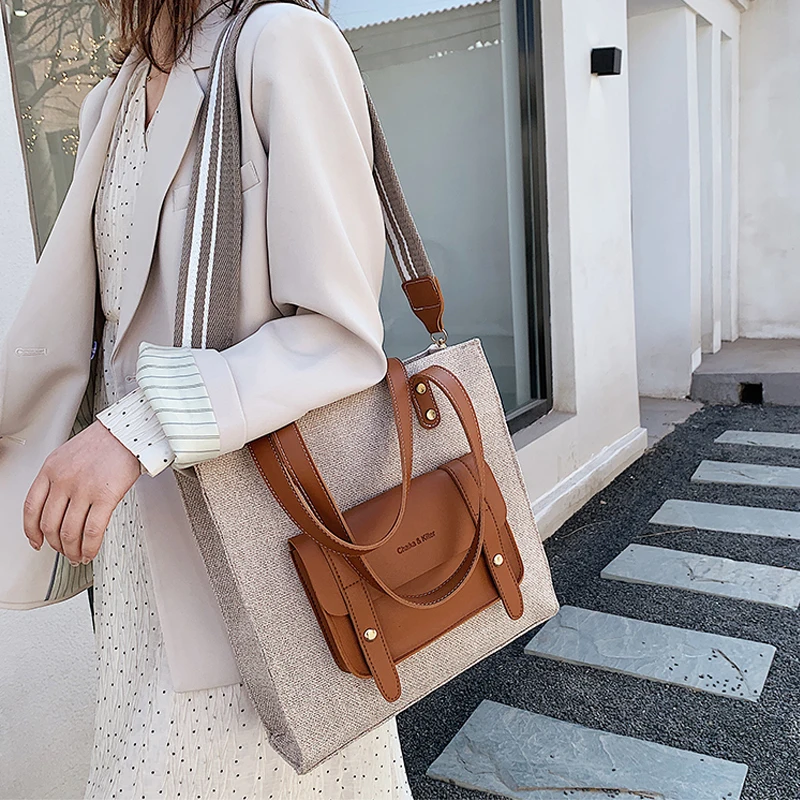

Casual Linen Large Capacity Women Shoulder Bags Designer Wide Strap Handbag Pu Patchwork Messenger Bag Female Shopper Big Tote