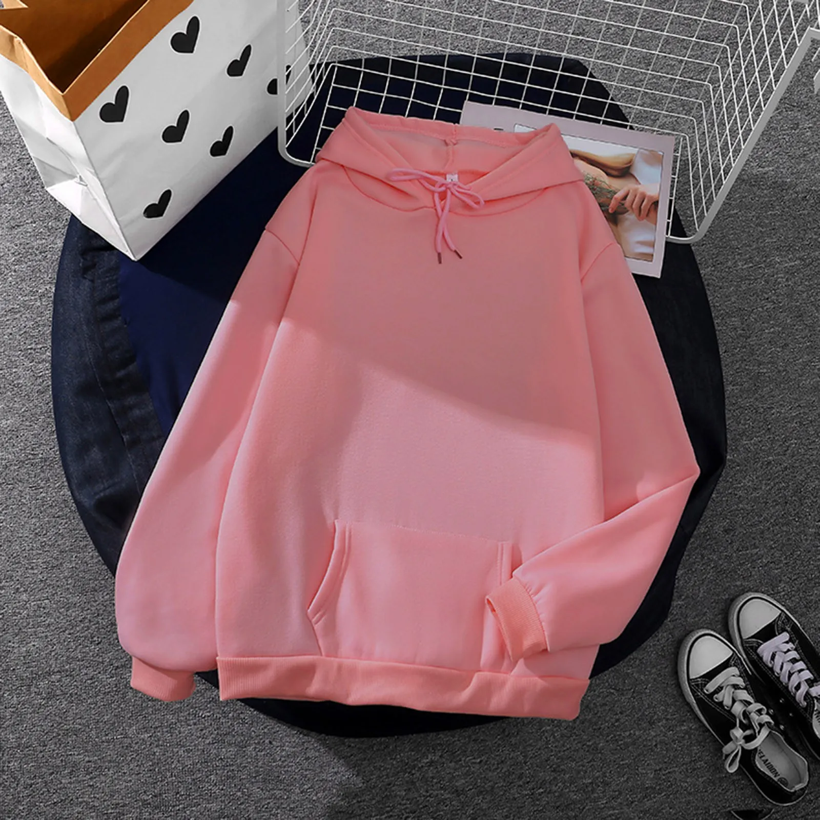 Women's Casual Solid 3Color Top Long Sleeve Loose Hooded Sweatshirt Top With Pocket Pullovers
