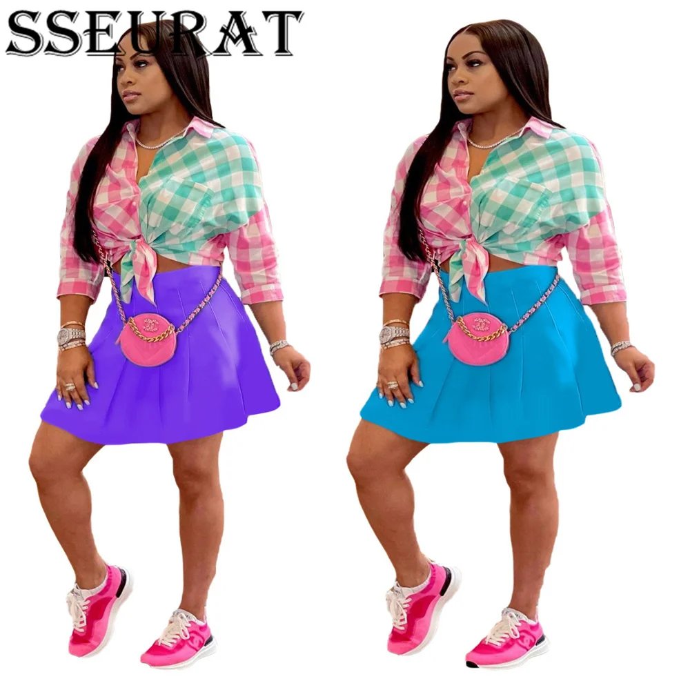 

Женский клетчатый костюм SSEURAT, комплект из двух предметов, короткий топ с завышенной талией и плиссированная мини-юбка в стиле пэчворк, Модн...