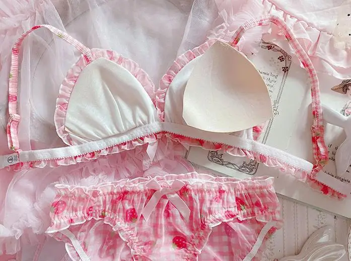 Japanese fairy cute girl Sexy Chiffon ear fungus strawberry lattice thin no steel bra underwear women dessous bra and panty set