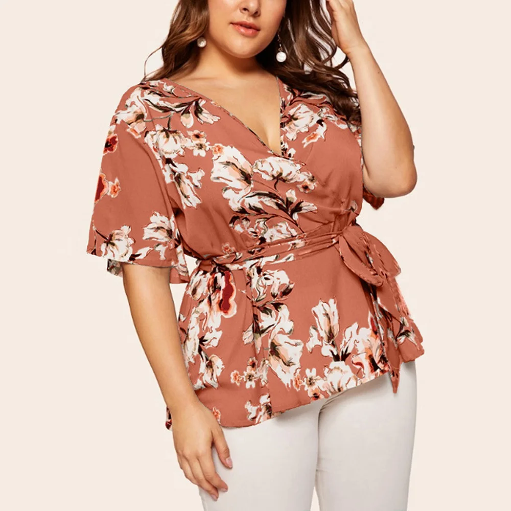 

2021 Women Tops Sexy Casual Floral Deep V Neck Short Sleeve Long Shirt Print Waist-tied Loose Chiffon Summer Plus Size Coat