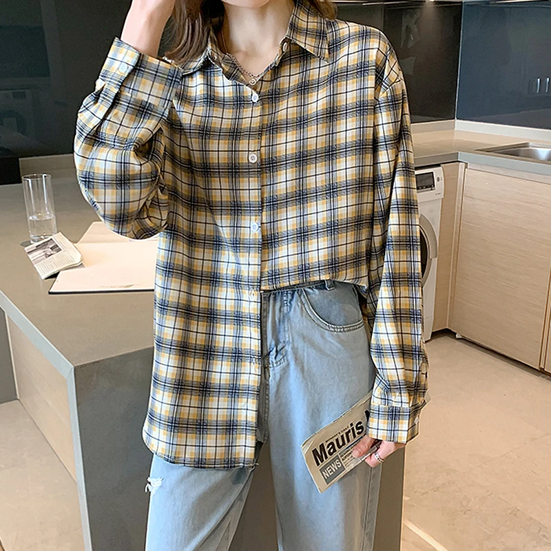 

BETHQUENOY Woman Clothing Blusas Camisas Mujer Loose Fit Blouses 2021 Spring Ladies Tops Green Plaid Shirts Women Chemise Femme