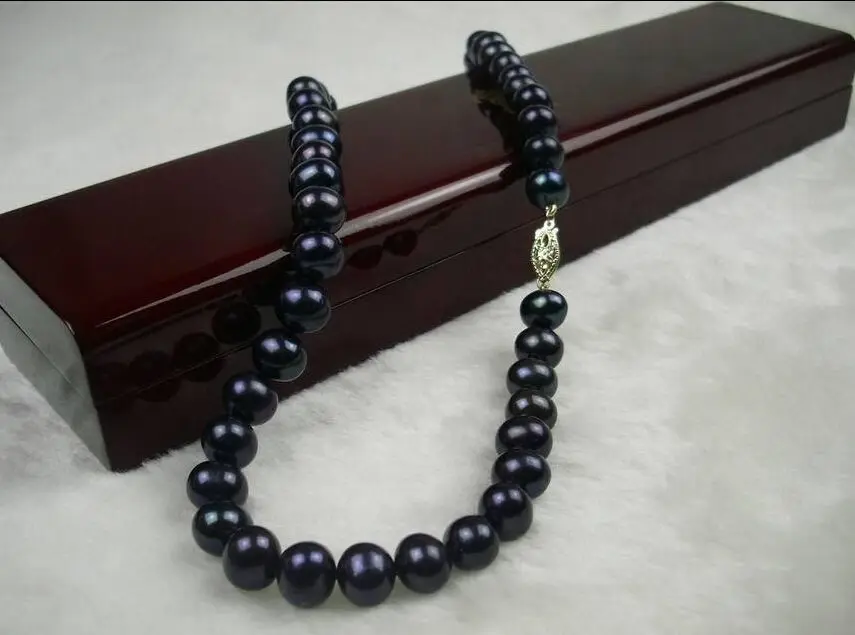 

surprising 18" 9-10mm natural round black tahitian pearl necklace 925silver white Go