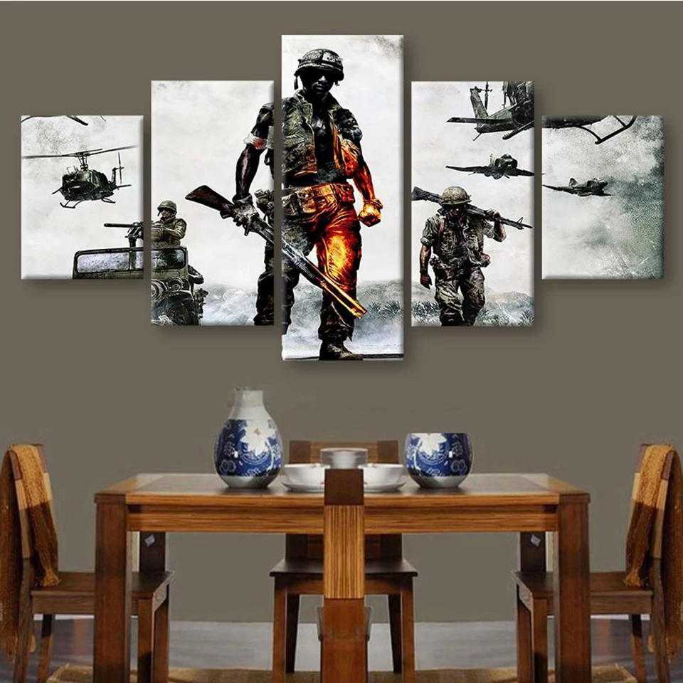 

5 Panel Army Soldiers In Battle Modular Canvas Posters Wall Art Pictures Paintings Accessories Home Decor Living Room Decoration