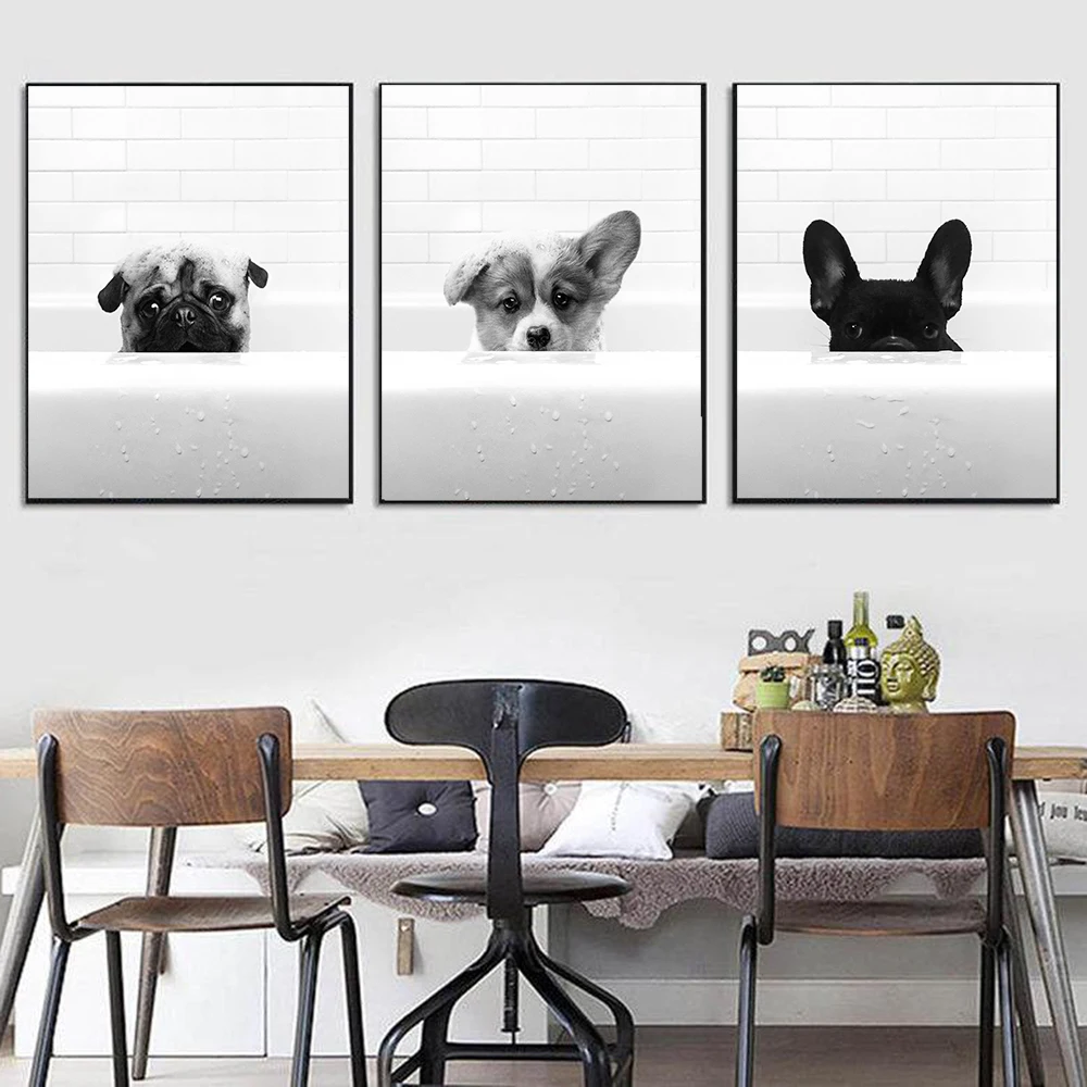 

Three Dogs In Bathroom Cartoon Wall Art Canvas Painting Nordic Posters and Prints Wall Pictures for Living Home Decor Frameless