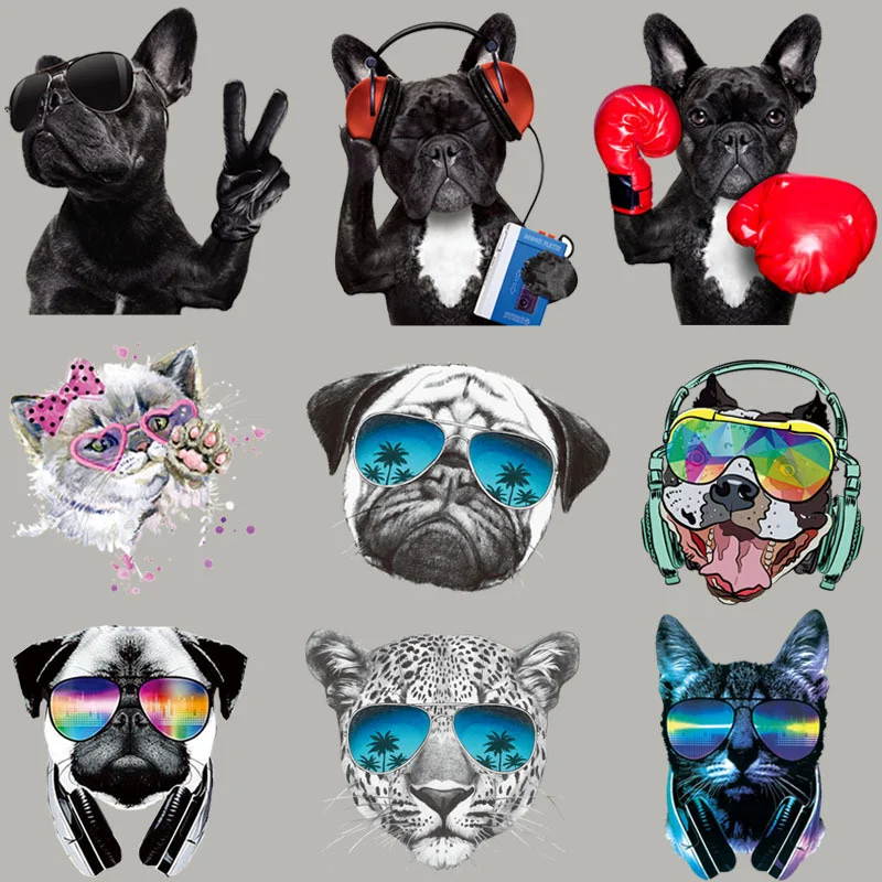 

1PCS Glasses Cat and Dog Animal Patterns Heat Transfer PVC Patch Patches for Clothing DIY T-shirt Washable DIY Appliques Patches