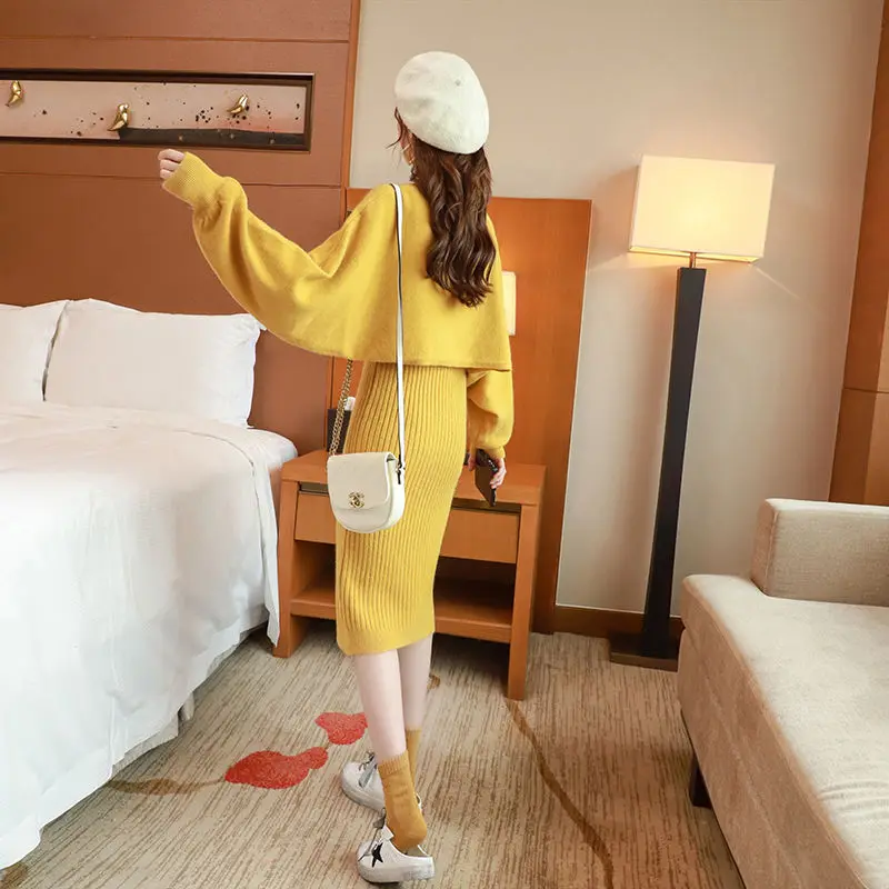 

Fashion 2 Piece Set Women Sexy V Neck Slim Fit Bodycon Dress Woman And Solid Color Loose Knit Sweaters 2021 Chic Two Piece Suit