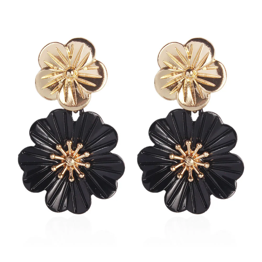 

2021 New Fashion Earrings Black Gold Flower Earrings for Women Korean Fashion Accessories Acrylic Jewelry Flower Earrings