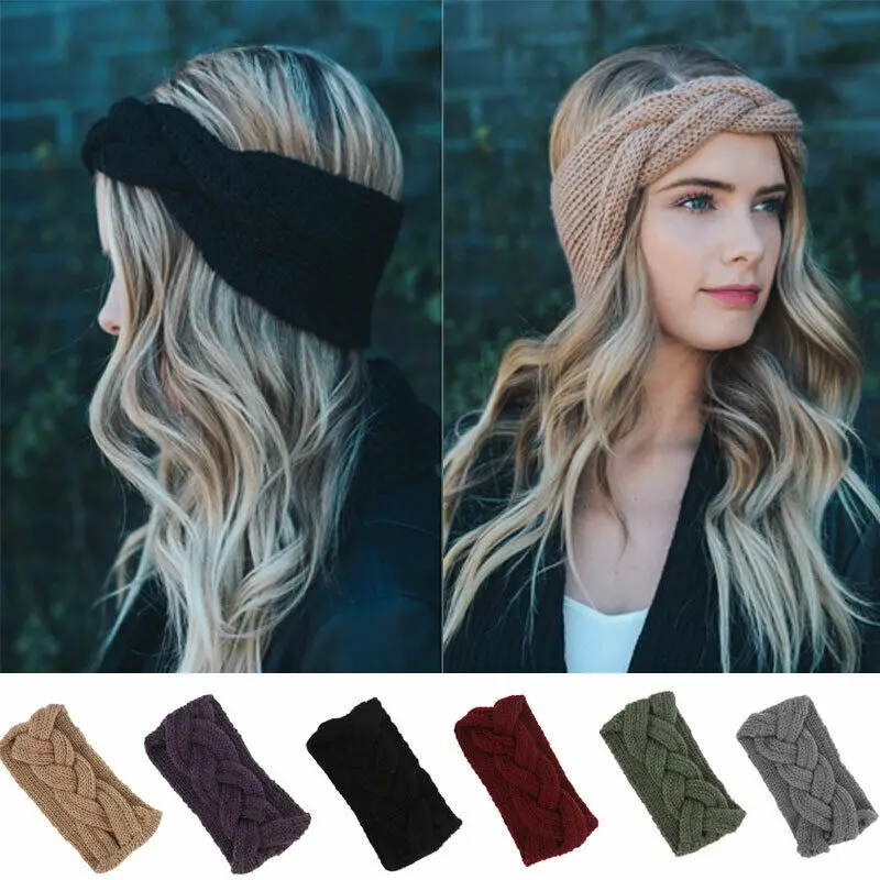 Women Ladies Winter Pretty Fashion Wool Cross Crochet Knitted Headband Solid Color Headbands Gray Black Khaki Purple |