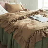 light luxury natural linen flounced four piece bedding pure color bedding sheet pillow case quilt cover bedding set for home