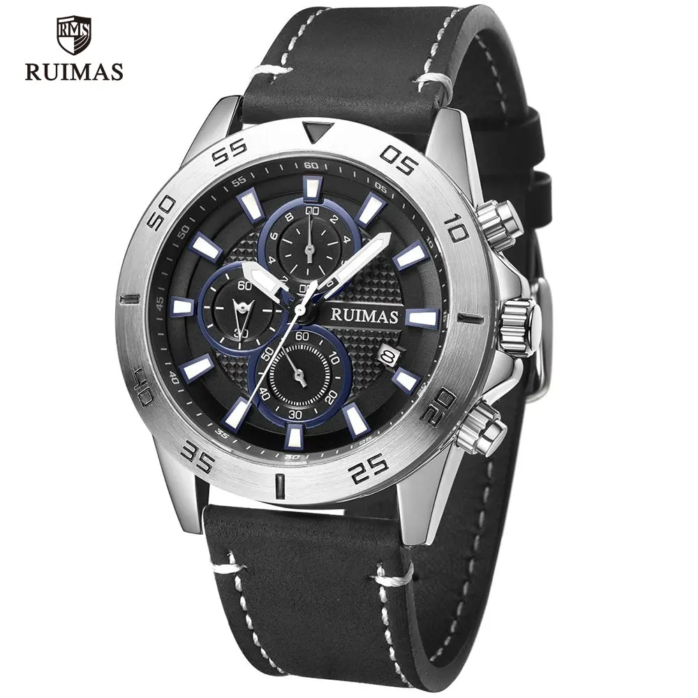 Мужские повседневные часы RUIMAS роскошные черные наручные с кожаным ремешком