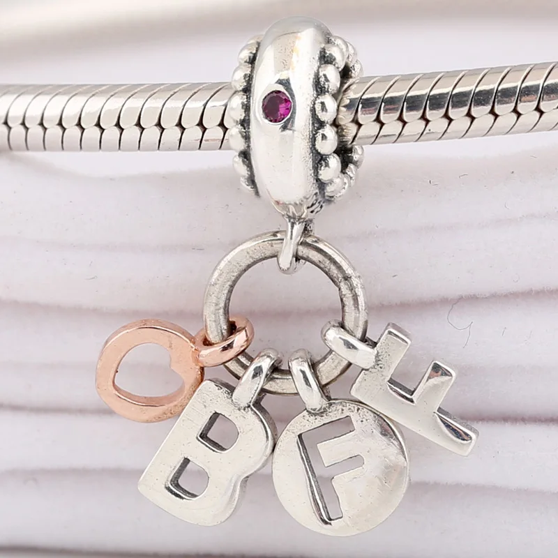 

New 925 Sterling Silver Charm Rose Bff With Red Stone & Beaded Details Pendant Bead Fit Original Bracelet Necklace DIY Jewelry