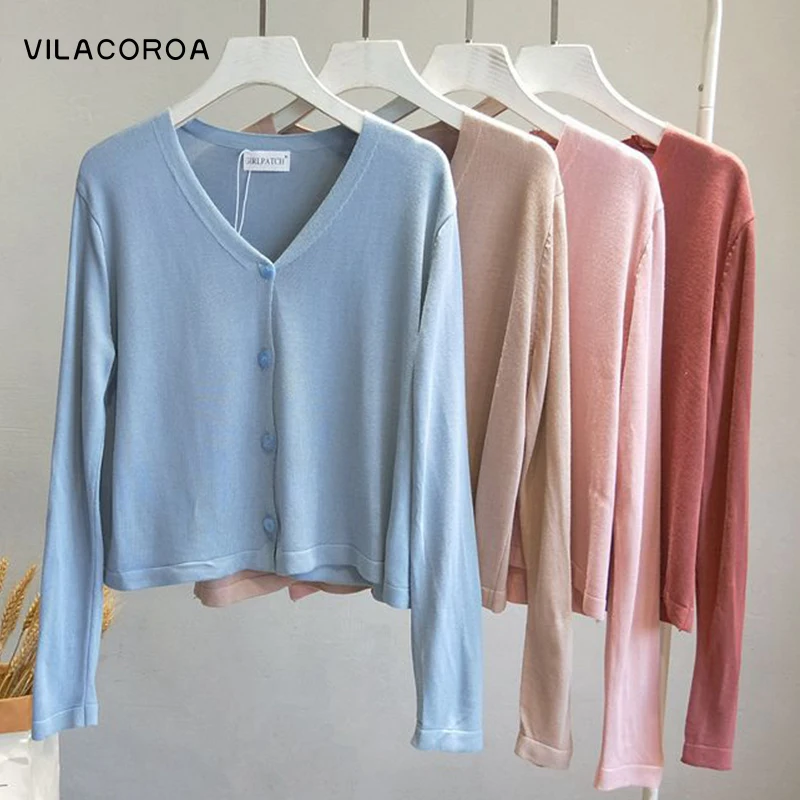 

Трикотажный кардиган с V-образным вырезом, Женская Базовая футболка, ультратонкая однобортная короткая блузка, осенняя свободная Корейская...