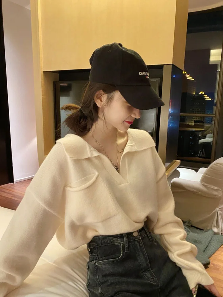 

POLO collar sweater pullover 2020 autumn/winter new lazy wind wearing sweater women loose orange top