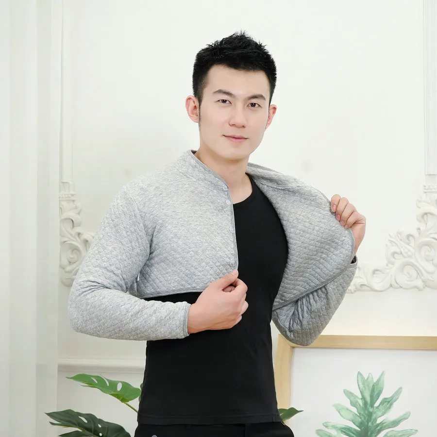 Autumn Winter Men Quilted Bolero Coat Beige Gray Mandarin Collar Long Sleeve Cotton Soft Thicken Lightweight Shoulder Pad Jacket