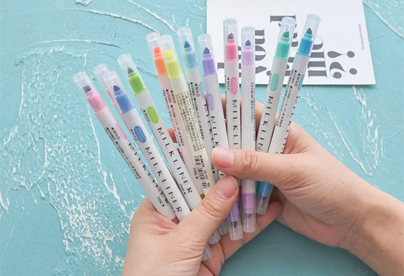 12 Colors Set Dual Tip Highlighter Art Marker Pen Handwriting Lettering Sketch Drawing School Supplies Watercolors Brush |