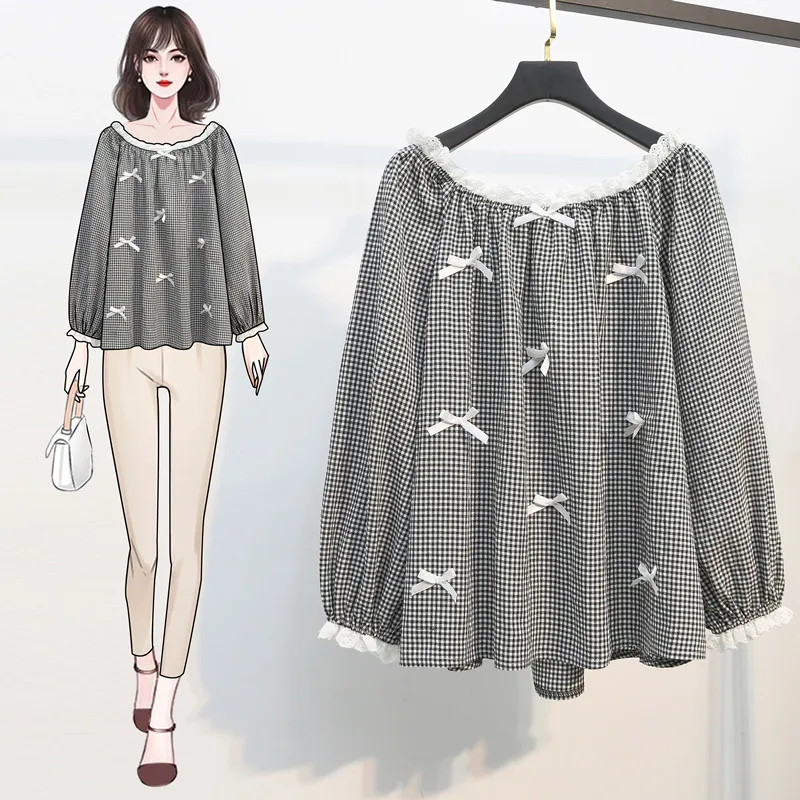 

Plaid Lace Bow Long Sleeved Plus Size Korean Autumn Elegant Fashion Blouses And Tops Women'S Oversize Shirt Clothing 2021 Female