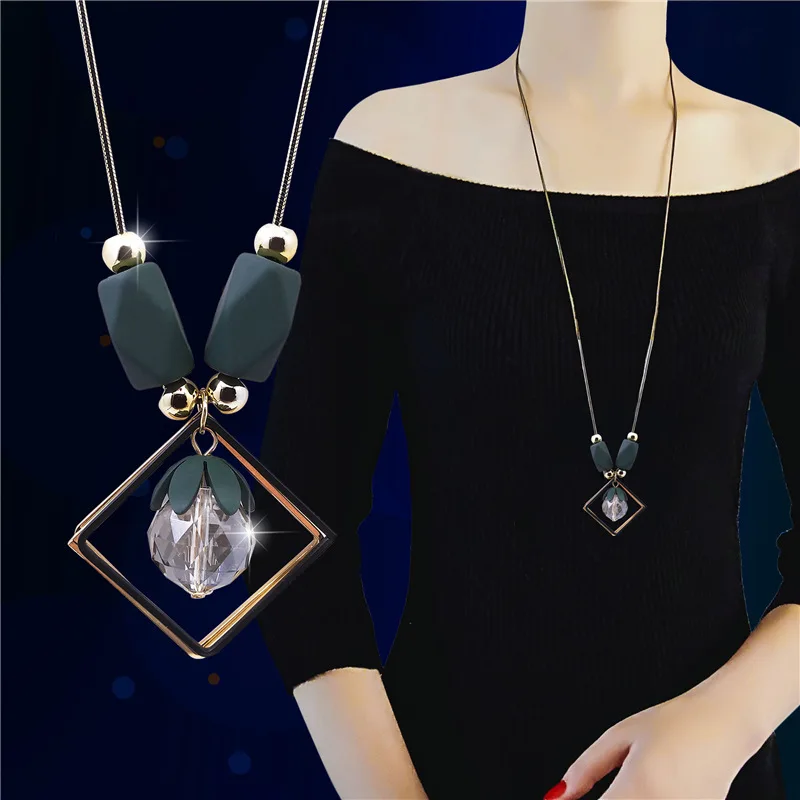 

Korean Crystal Geometric Long Necklaces & Pendants For Women Simple Elegant Trendy Jewelry Sweater Necklace