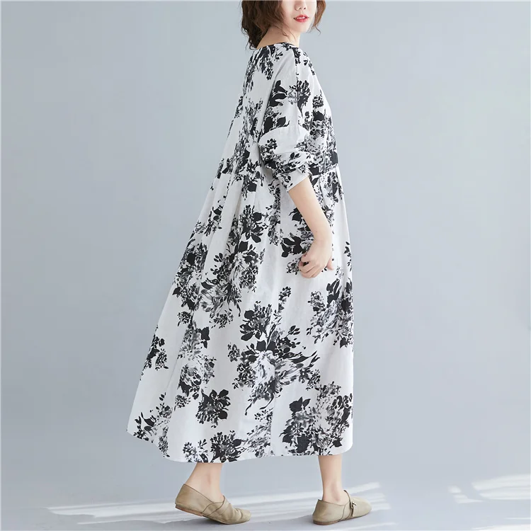 

COIGARSAM Cotton Linen Women dress High Waist V-Neck Dresses 2997